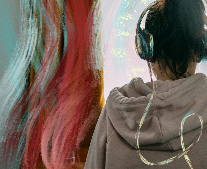 An illustration of a woman wearing headphones